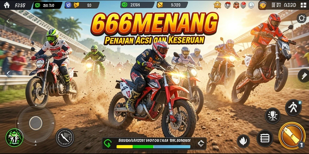 Screenshot menunjukkan aksi balapan motor yang mendebarkan di lintasan.