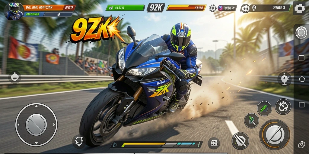 Tampilan gameplay menegangkan dari game balapan motor 9ZK.