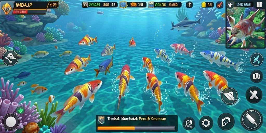 Tangkapan layar gameplay IMBAJP menampilkan keseruan dalam menangkap ikan.